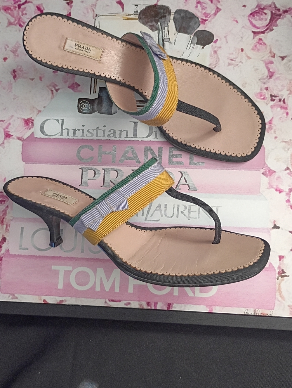 ❤️PRADA Yellow Lavender Green Bow Thong Kitten Heel Sandals Shoes 39 8.5 9
